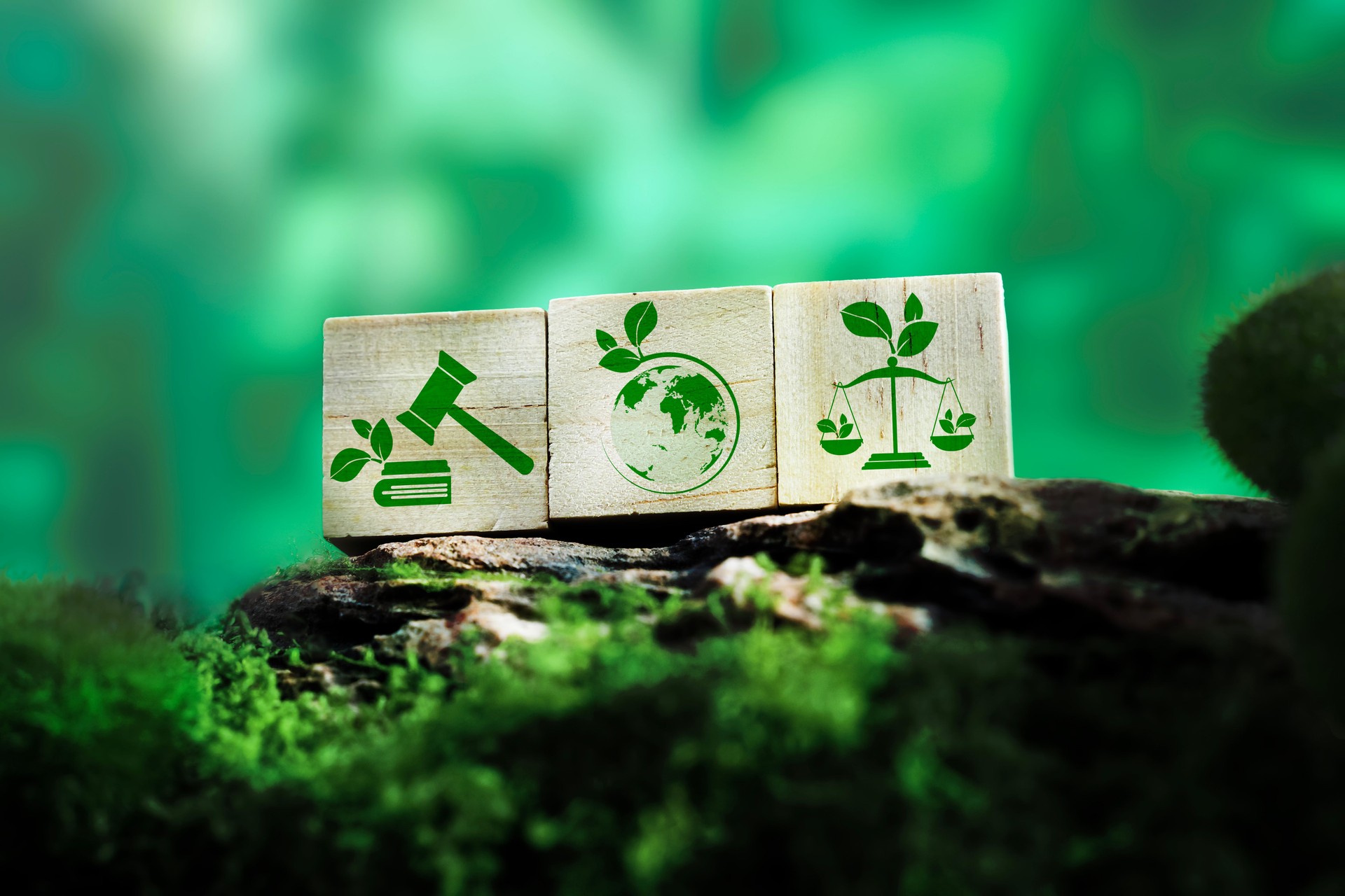 Sustainable law and eco justice icons on wooden cubes over green forest background representing environmental rights