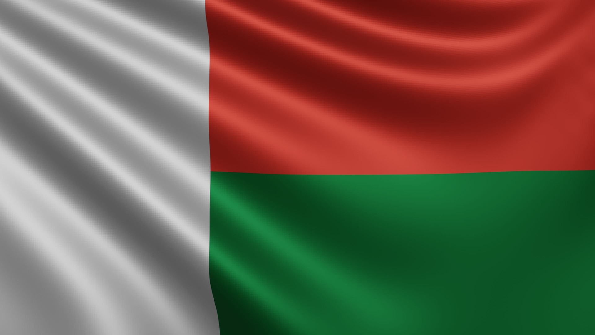 Render of the Madagascar flag flutters in the wind close-up, the national flag of Madagascar flutters in 4k resolution, close-up, colors: RGB.